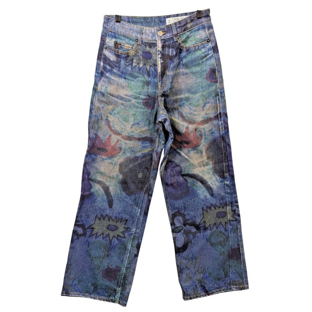 FUYE Denim Design of Camellia Straight Leg size M Women 30X31 Floral Jeans Blue